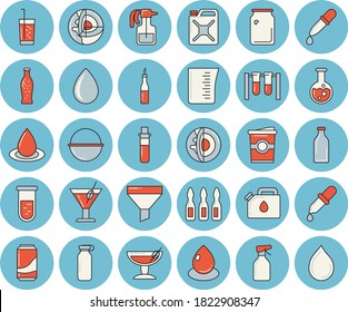 Thin line blue tinted icon set - cauldron flat vector, meashuring cup, sauce, lemonade, cocktail, soda, coffe, pulverizer, drop, canister, glass bottles, funnel, pipette, blood test, ampoule, flask
