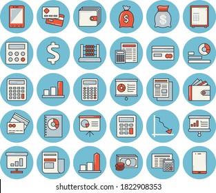 Thin line blue tinted icon set - calculator flat vector, crisis, chart, cash, credit card, dollar, purse, wealth, statistics, news, book balance accounting, abacus, presentaition board, safe, mobile