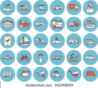 Thin line blue tinted icon set - pickup truck flat vector, tractor, garden wheelbarrow, electric cars, autopilot, warehouse, trucking, express delivery, sailboat, ambulance, helicopter, lunar rover