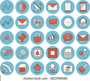 Juego de iconos de color azul claro - antena satelital vector plano, tarjeta SIM, vagón de comestibles, público objetivo, operador de teléfono, gráfico de dispersión, boquilla, diagnóstico, computadora, correo, cpu, seguridad