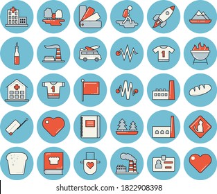 Thin line blue tinted icon set - color scheme flat vector, apron, cookbook, barbecue, sauce, bread, factory, forest, manufactory, flag, heart, hospital, badge, rocket, notebook, sport T shirt, hike