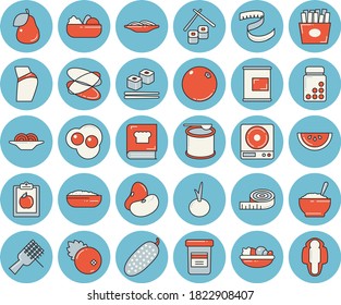 Thin line blue tinted icon set - weighing machine flat vector, cookbook, legumes, watermelon, spaghetti on a fork, salad, porridge, onion, cucumber, French fries, fish rolls, scrambled eggs, pear