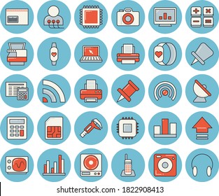 Juego de iconos de color azul claro - calculadora vector plano, pesador, trammel, antena satelital, tarjeta madre, tarjeta SIM, código de barras, diagnóstico, gráfico de computadora, estadística, teléfono, impresora, cpu
