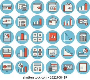 Thin line blue tinted icon set - calculator flat vector, crisis, cash, credit card, purse, statistics, book balance accounting, chart, statistic, presentaition board, achievement, dispenser, safe