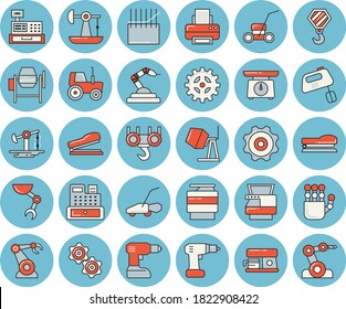 Thin line blue tinted icon set - hook flat vector, concrete mixer, drill screwdriver, weighing machine, coffee, tractor, lawn mower, oil pumping, cogwheel, fabric manufacture, robotics, cash, copy