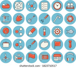 Thin line blue tinted icon set - cogwheel flat vector, ax, saucepan, whisk, spice, lemon, cheese, salad, ham, fish, tree, shovel, windmill, crane, store front, signboard, marker, molecules, flag