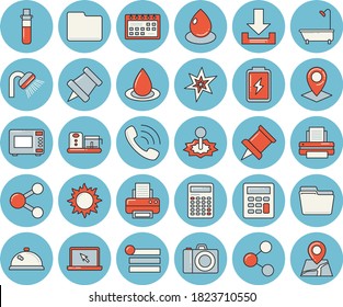 Thin line blue tinted icon set - shower flat vector, microwave, food processor, sun, battery, drop, laser, location, phone call, blood test, calendar, computer file, calculator, printer, laptop