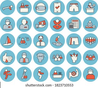 Thin line blue tinted icon set - calculator flat vector, person, investments, team, telephone operator, massage, injury, headache, teamwork, recruitment, phone, office worker, businessman, scientist