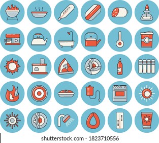 Thin line blue tinted icon set - shower flat vector, heating batteries, teapot, electric stove, fire, induction cooker, coffee machine, temperature, barbecue, sausage, hot dog, pizza, soup, pie, sun