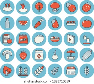 Thin line blue tinted icon set - groats flat vector, ear, lemon, watermelon, mushroom, salad, onion, tomato, cucumber, cranberry, Strawberry, blackberry, pear, seeds, well, carrot, tree, seedlings