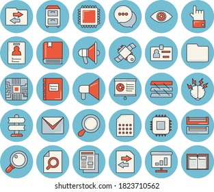 Thin line blue tinted icon set - motherboard flat vector, SIM card, news, chat, chart, computer file, badge, magnifier, paper tray, archive, mail, satellit, cpu, textbook, brainstorm, pointer, eye