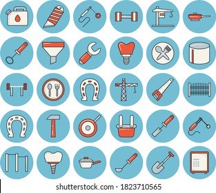 Thin line blue tinted icon set - crane flat vector, saw, fence, stationery knife, hammer, frying pan, saute, teflon, ladle, kitchen spatula, whisk, table setting, horseshoe, shovel, canister, wrench