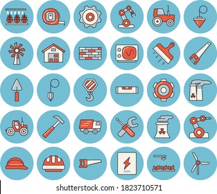Thin line blue tinted icon set - brick wall flat vector, hook, trowel, cogwheel, tool, saw, tape measure, level meter, hard hat, switch box, putty knife, construction plummet, hammer, windmill