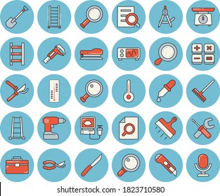 Thin line blue tinted icon set - tool flat vector, drill screwdriver, bag, ladder, putty knife, stationery, weighing machine, knives, temperature, thermometer, shovel, secateurs, rake, trammel