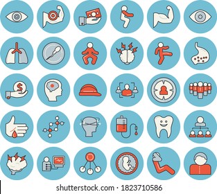 Juego de íconos de tintado azul de línea delgada - vector plano de sombrero duro, jerarquía, público objetivo, inversiones, equipo, transfusión de sangre, lesión, ojo, dolor de cabeza, diagnóstico, embrión, esperma, diente, estómago, pulmones, adn