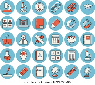 Juego de íconos de tintado azul de línea delgada - medir vector plano, imán, calculadora, microscopio, análisis médico, bloc de notas, clip, ábaco, lápiz, tapón de soltero, tormentas de ideas, científico, placa de Petri, fector cerebral