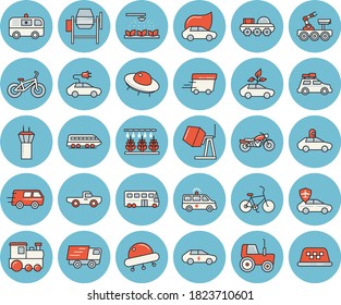 Juego de íconos de color azul claro - mezclador de hormigón vector plano, camioneta, tractor, máquina de rociar, eco-coches, eléctrico, piloto automático, camionaje, entrega rápida, ambulancia, resaca lunar, ufo, tren