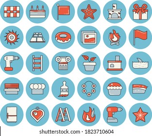 Thin Line Blue Tinted Icon Set - Drill Screwdriver Flat Vector, Ladder, Tile, Flooring, Cook Hat, Fire, Fridge, Cupcake, Piece Of Cake, Donut, Home Plant, Paint Brush, Bonfire, Bench, Fireplace, Sun