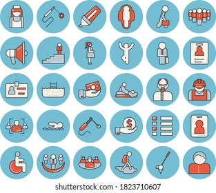 Thin line blue tinted icon set - construction worker flat vector, welding, marker, investments, team, disabled, massage, gestation, nurse, teamwork, recruitment, badge, businessman, career ladder
