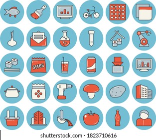 Thin line blue tinted icon set - drill screwdriver flat vector, paint brush, saucepan, mushroom, potato, tomato, fish, onion, rolls, lemonade, soda, seeds, chemistry, robotics, metallurgy, sticker