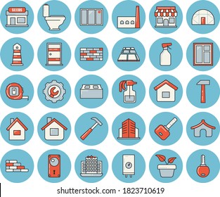 Thin line blue tinted icon set - house flat vector, brick wall, window, tape measure, toilet, Entrance door, lock, repair, flooring, hammer, boiler, home plant, pulverizer, grain warehouse, tent