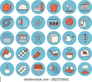 Thin line blue tinted icon set - ear flat vector, legumes, onion, bell pepper, blackberry, home plant, carrot, tree, sprinkling machine, hose, watering can, irrigation, garden wheelbarrow, forest
