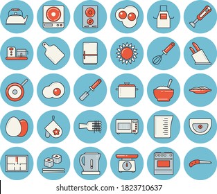 Thin line blue tinted icon set - sink flat vector, house layout, saucepan, teflon, weighing machine, meashuring cup, teapot, electric kettle, apron, potholder, kitchen spatula, whisk, knives, stove