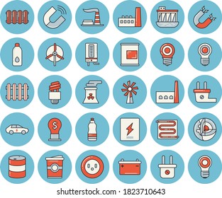 Thin line blue tinted icon set - switch box flat vector, warm floor, heating batteries, boiler, coffe, windmill, factory, oil tanks, accumulator, lamp, socket, plug, hydroelectric power station