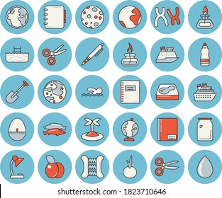 Juego de íconos de color azul claro - temporizador de huevo de cocina vectorial plano, cebolla, pescado, ciruela, pala, piscina, tierra, botellas de vidrio, cromosomas, portátil, lámpara de lectura, pluma, luna, quemador de gas, globo, natación