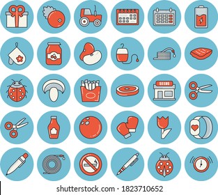 Thin line blue tinted icon set - potholder flat vector, ketchup, legumes, mushroom, chop, French fries, jam, cranberry, ladybird, grain warehouse, tractor, hose, tulip, battery, calendar, present