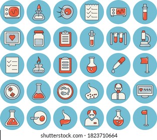 Dünne blaue, getönte Icon-Set - chemische Flavektor, Pipette, Bluttest, Computerdiagnostik für Gesundheit, Zwischenablage, medizinische Analyse, künstliche Befruchtung, Magen, to do list, Kolben, Becher