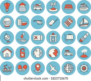 Thin line blue tinted icon set - earth flat vector, location, rocket, sailboat, helicopter, globe, lunar rover, astronaut helmet fector, aircraft, car, hike, control gate, luggage, ticket, hand