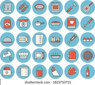 Thin line blue tinted icon set - hiking pot flat vector, saute, teflon, weighing machine, meashuring cup, electric kettle, cook hat, potholder, kitchen spoon, knives, meat hammer, stove, microwave