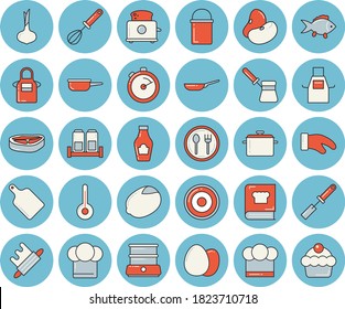 Thin line blue tinted icon set - saucepan flat vector, frying pan, hiking pot, saute, cook hat, apron, potholder, kitchen spatula, whisk, stopwatch, rolling pin, cutting board, turk, toaster, spice