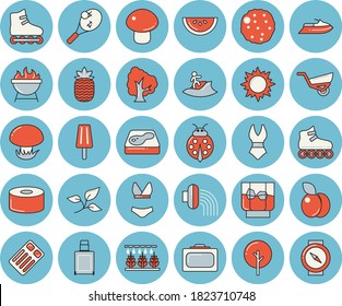 Thin line blue tinted icon set - barbecue flat vector, canned food, watermelon, mushroom, cutlet, ice cream, whiskey, pineapple, plum, tree, ladybird, sprinkling machine, hose irrigation, sun, pool