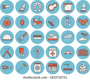 Thin line blue tinted icon set - ax flat vector, seeds, windmill, ear, fertilizer vectory, pickup truck, ladybird, grain warehouse, horseshoe, tractor, sprinkling machine, pitchfork, fence, saw