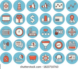 Thin line blue tinted icon set - grocery trolley flat vector, lighthouse, hierarchy, funnel, location, cogwheel, graphic report, cash, dollar, investments, telephone operator, phone call, wealth