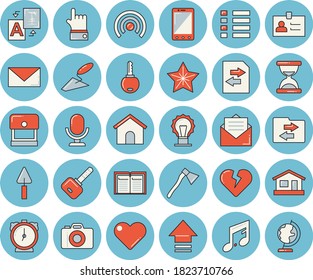 Dünnlinblau getöntes Symbol Set - Stuckflachvektor, Axt, Haus, Menü, Sendung, Upload, gemeinsame Nutzung von Dateien, Übersetzungen, Badge, Urglas, Stempel, Nachricht, Briefumschlag, Mikrofon, Mobiltelefon, Anzeigen, Herz, Schlüssel