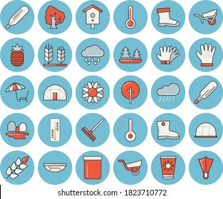 Thin line blue tinted icon set - temperature flat vector, jam, pineapple, thermometer, nesting box, tree, flower, rake, garden wheelbarrow, gumboots, gloves, rain, greenhouse, forest, ear, sea beach