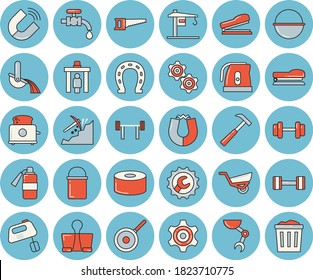 Dünnlinenblaue, getönte Ikonenset - Kranflachvektor, Reparatur, Hammer, Kessel, Wandertopf, Teflon, elektrischer Wasserkocher, Toaster, Mixer, Konservenfutter, Hufeisen, Säge, Gartenkahn, Wasserhahn, Magnet