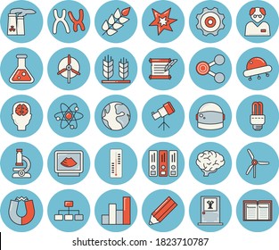 Thin line blue tinted icon set - thermometer flat vector, earth, molecules, ultrasound, chromosomes, flask, microscope, atom, chart, pencil, energy saving lamp fector, nuclear power plant, spark