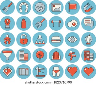 Thin line blue tinted icon set - window flat vector, skyscraper, hamburger, scrambled eggs, tree, horseshoe, pitchfork, crane, funnel, idea, flag, chat, heart, eye, sperm, office building, hierarchy