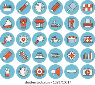 Thin line blue tinted icon set - tile flat vector, flooring, induction cooker, flower, earth, store front, warehouse, sailboat, massage, drawing pin, statistic, ink pen, office worker, printer, car