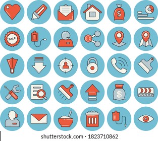 Thin line blue tinted icon set - tool flat vector, putty knife, porridge, house, conveyor, location, target audience, marker, molecules, phone call, wealth, statistics, sell out, medical warmer, eye