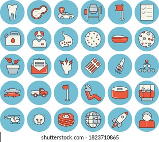 Juego de íconos de color azul claro - mezclador de hormigón vector plano, bizcocho, comida enlatada, avena, pescado, whisky, tortitas, planta doméstica, camioneta, estanque, bote, piloto automático, tierra, virus, dolor de cabeza