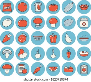Thin line blue tinted icon set - colander flat vector, potato, tomato, legumes, lemon, onion, carrot, watermelon, mushroom, salad, soup, garlic, bell pepper, cucumber, blackberry, sandwich, orange