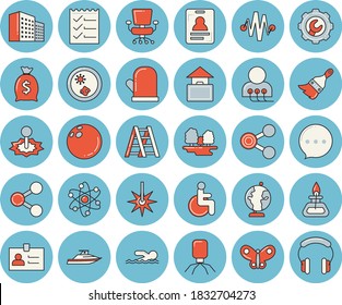 Thin line blue tinted icon set - ladder flat vector, paint brush, repair, potholder, butterflies, forest, laser, molecules, wealth, disabled, virus, diagnostics, office building, chair, to do list