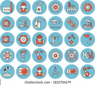 Thin line blue tinted icon set - crane flat vector, builder, cogwheel, tape measure, factory, manufactory, plant, construction worker, motherboard, robotics, dividers, trammel, chromosomes