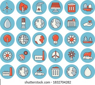 Thin line blue tinted icon set - energy saving lamp flat vector, windmill, tree, flower, seedlings, solar battery, earth, forest, hydroelectric power station, manufactory, eco cars, nuclear plant