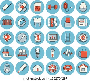 Thin line blue tinted icon set - ladder flat vector, heating batteries, kitchen egg timer, spice, donut, tea, sandwich, greenhouse, ventilation, plug socket, energy saving lamp, magnet, SIM card